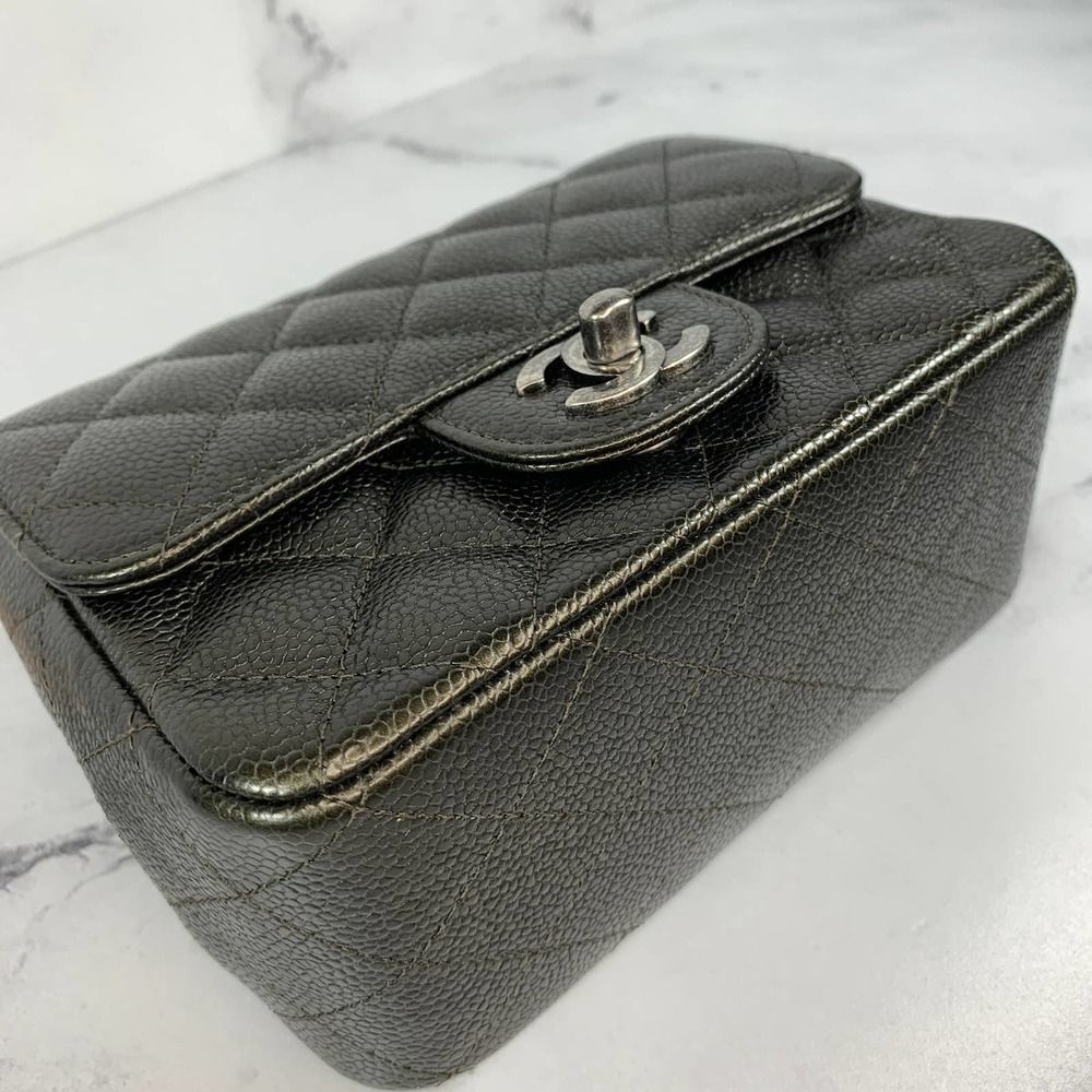 ❌❌ CHANEL 17S Metallic Charcoal Square Classic Caviar Mini Quilt Flap Bag CC RHW - Picture 16 of 17